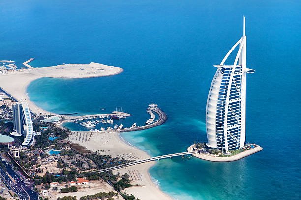 Dubai, United Arab Emirates - January 20, 2011: Burj Al Arab, a luxury 5 star hotel built on an artificial island in front of Jumeirah beach from above